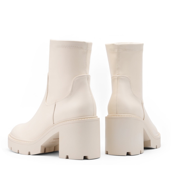 Elastic Chunky Heel Lug Sole Booties - BEIGE WHITE PU - 3